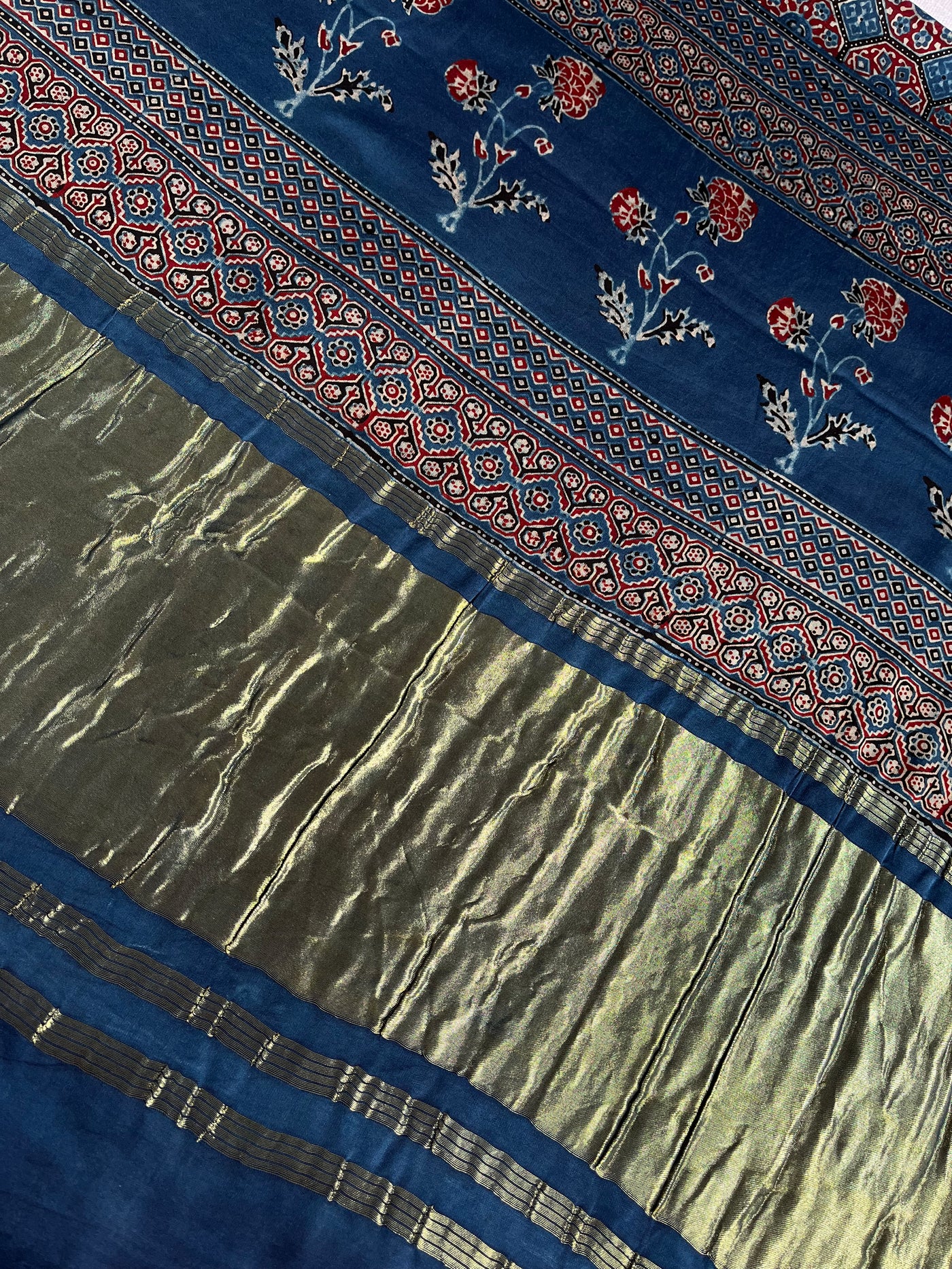 SWARA: Handblock Modal Silk Tissue Ajrakh Saree