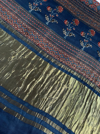 SWARA: Handblock Modal Silk Tissue Ajrakh Saree