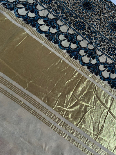 RIYA: Handblock Modal Silk Tissue Ajrakh Saree