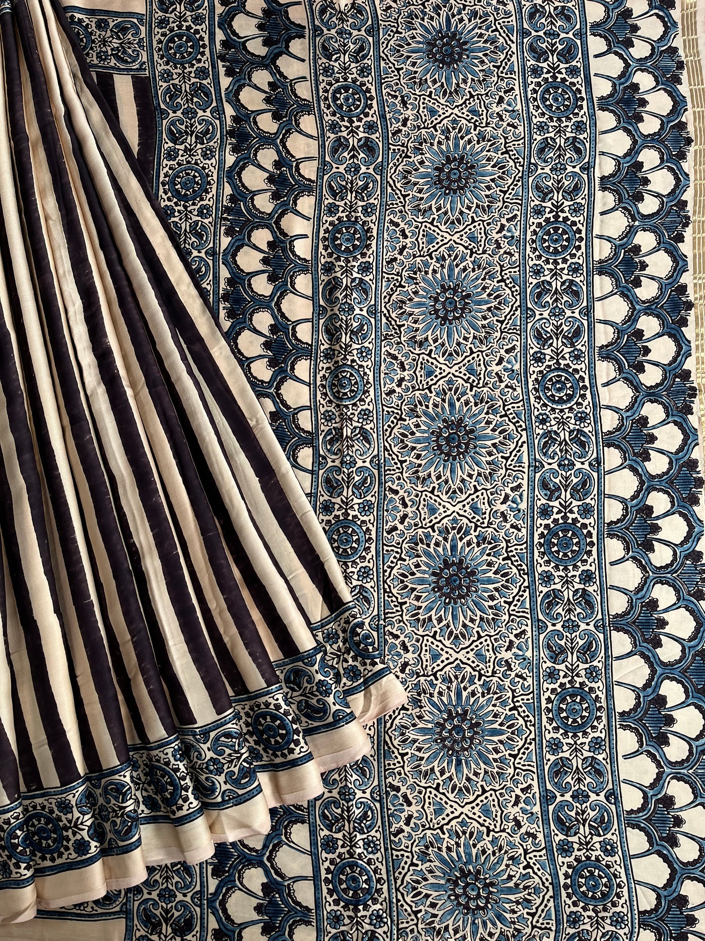 RIYA: Handblock Modal Silk Tissue Ajrakh Saree