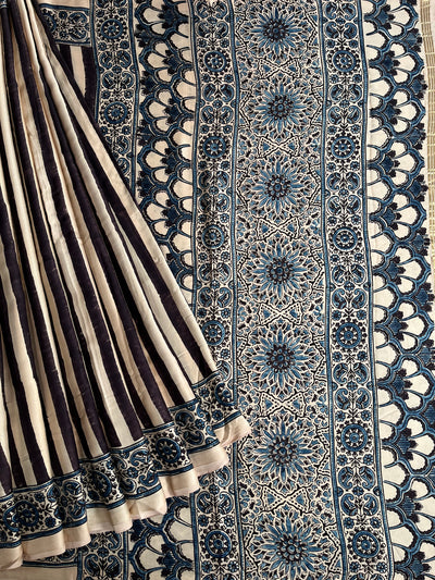 RIYA: Handblock Modal Silk Tissue Ajrakh Saree