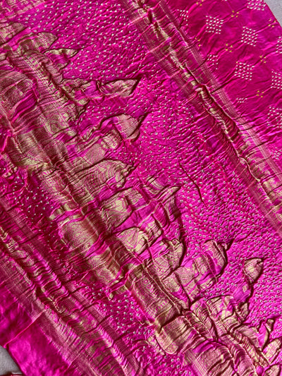 GULMOHAR: HANDMADE PURE GAJJI SILK RAI DANA BANDHNI SAREE WITH TISSUE MEENAKARI PALLU