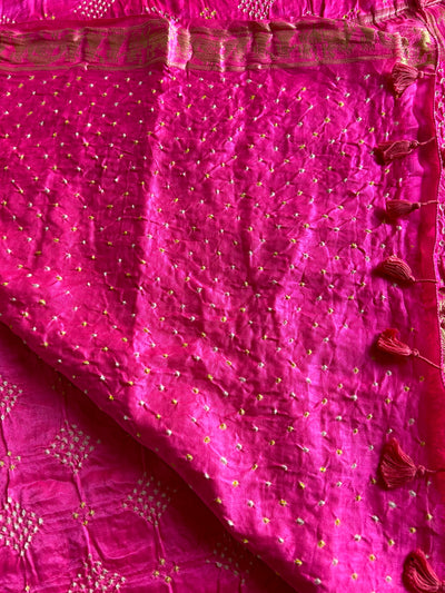 GULMOHAR: HANDMADE PURE GAJJI SILK RAI DANA BANDHNI SAREE WITH TISSUE MEENAKARI PALLU