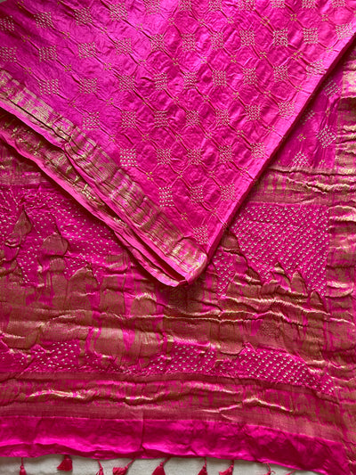 GULMOHAR: HANDMADE PURE GAJJI SILK RAI DANA BANDHNI SAREE WITH TISSUE MEENAKARI PALLU