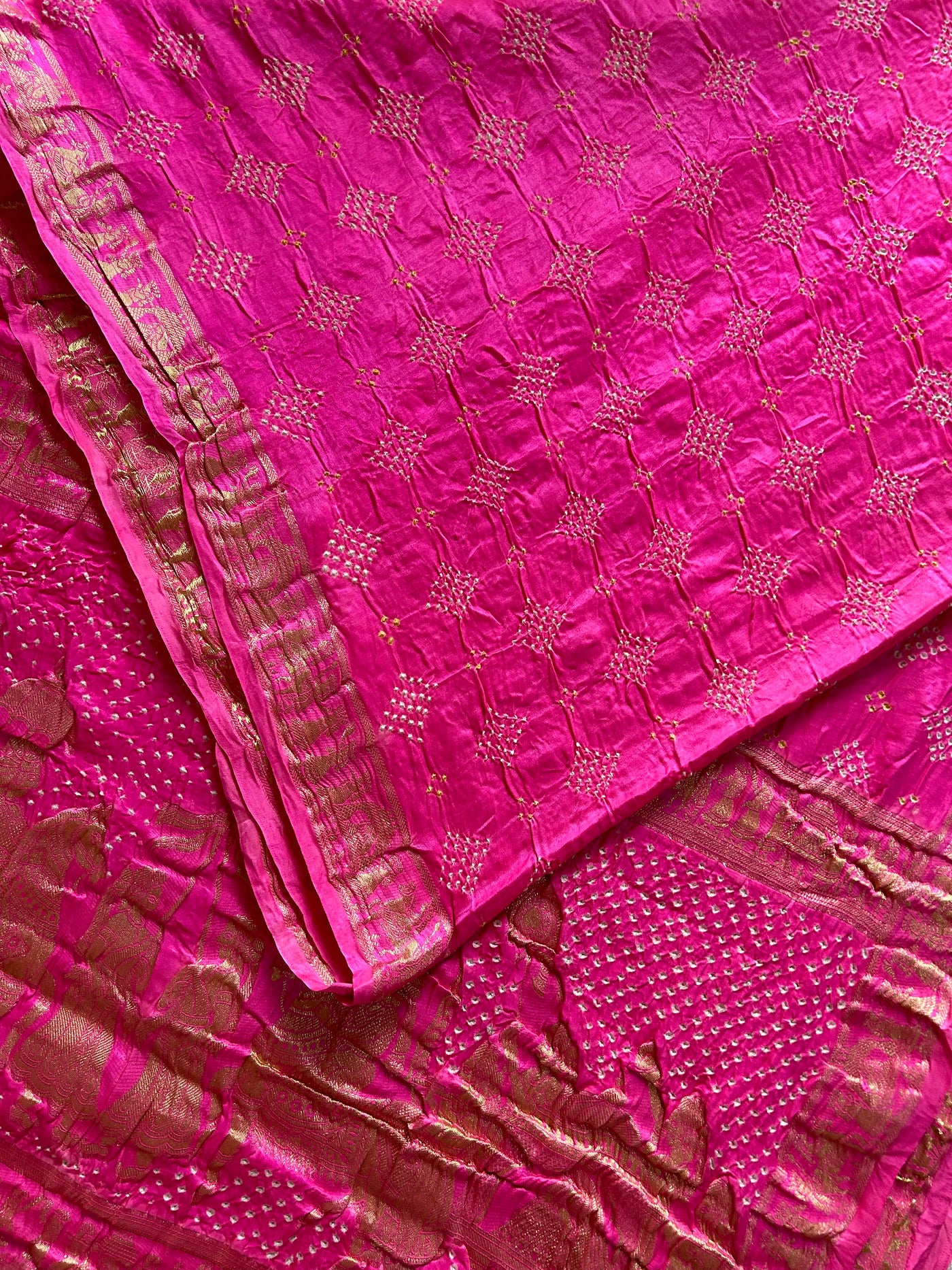 GULMOHAR: HANDMADE PURE GAJJI SILK RAI DANA BANDHNI SAREE WITH TISSUE MEENAKARI PALLU