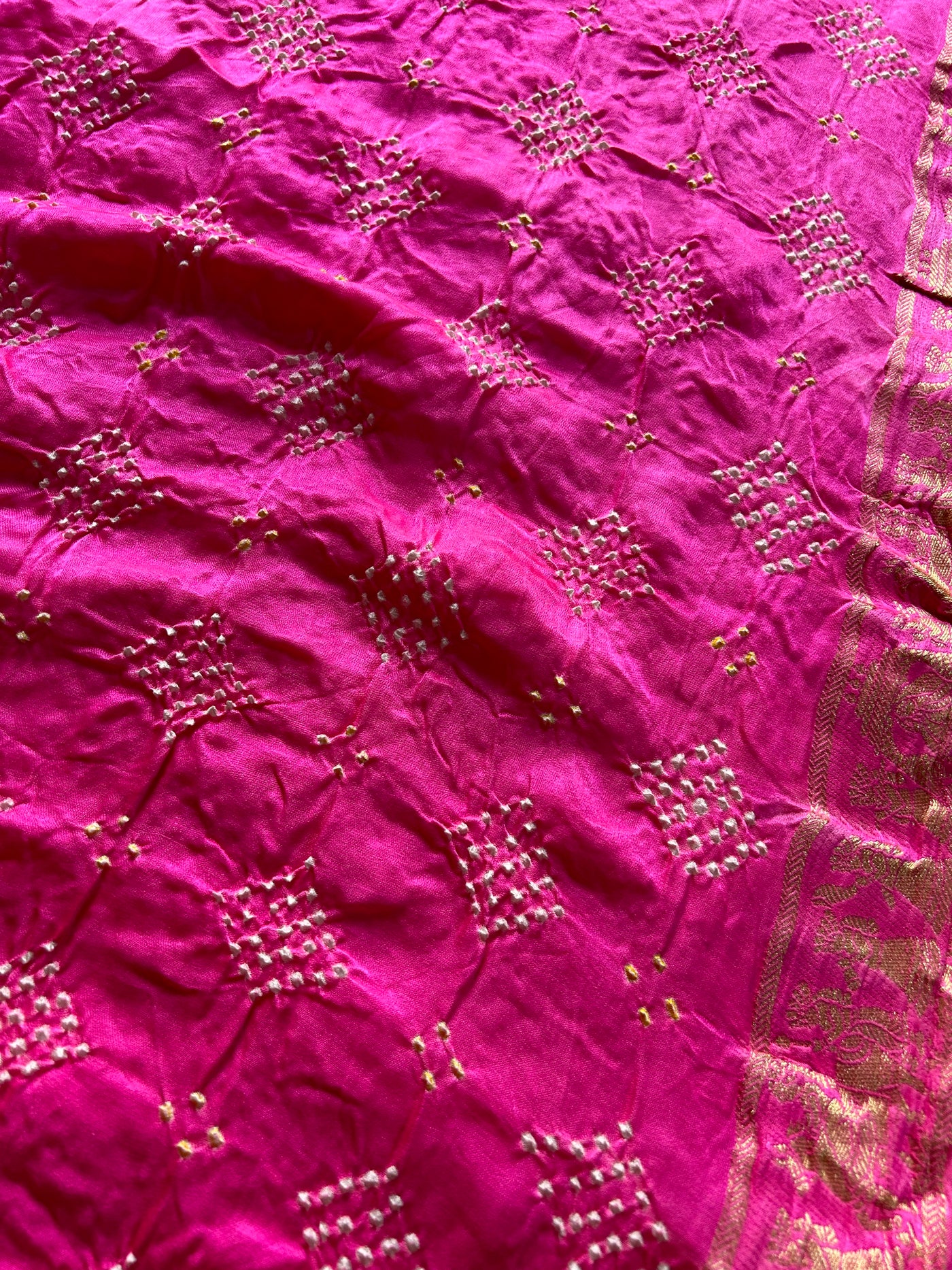 GULMOHAR: HANDMADE PURE GAJJI SILK RAI DANA BANDHNI SAREE WITH TISSUE MEENAKARI PALLU