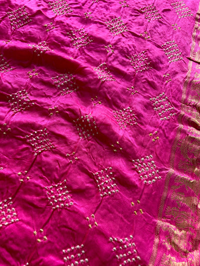 GULMOHAR: HANDMADE PURE GAJJI SILK RAI DANA BANDHNI SAREE WITH TISSUE MEENAKARI PALLU