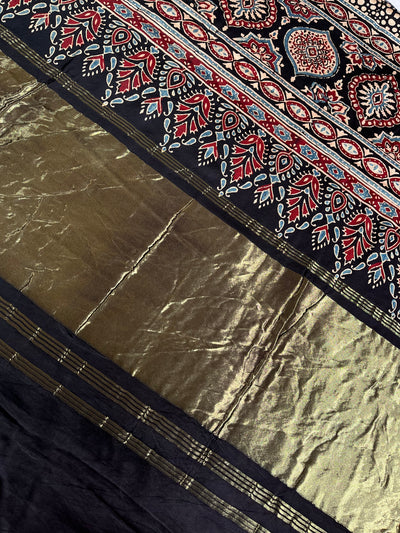 PREETA: Handblock Modal Silk Tissue Ajrakh Saree