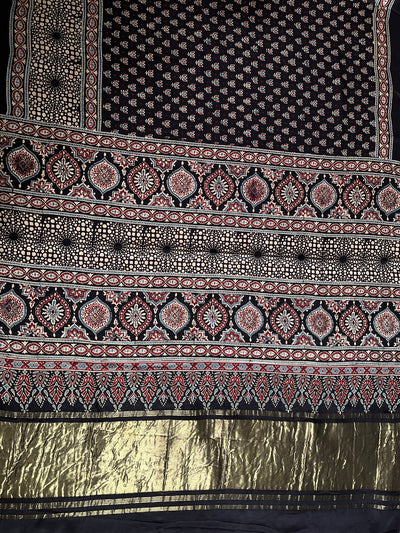 PREETA: Handblock Modal Silk Tissue Ajrakh Saree