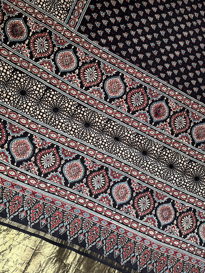 PREETA: Handblock Modal Silk Tissue Ajrakh Saree