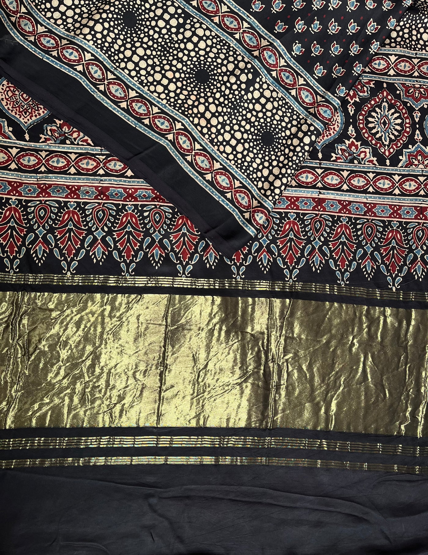 PREETA: Handblock Modal Silk Tissue Ajrakh Saree