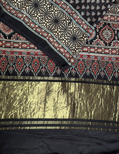 PREETA: Handblock Modal Silk Tissue Ajrakh Saree
