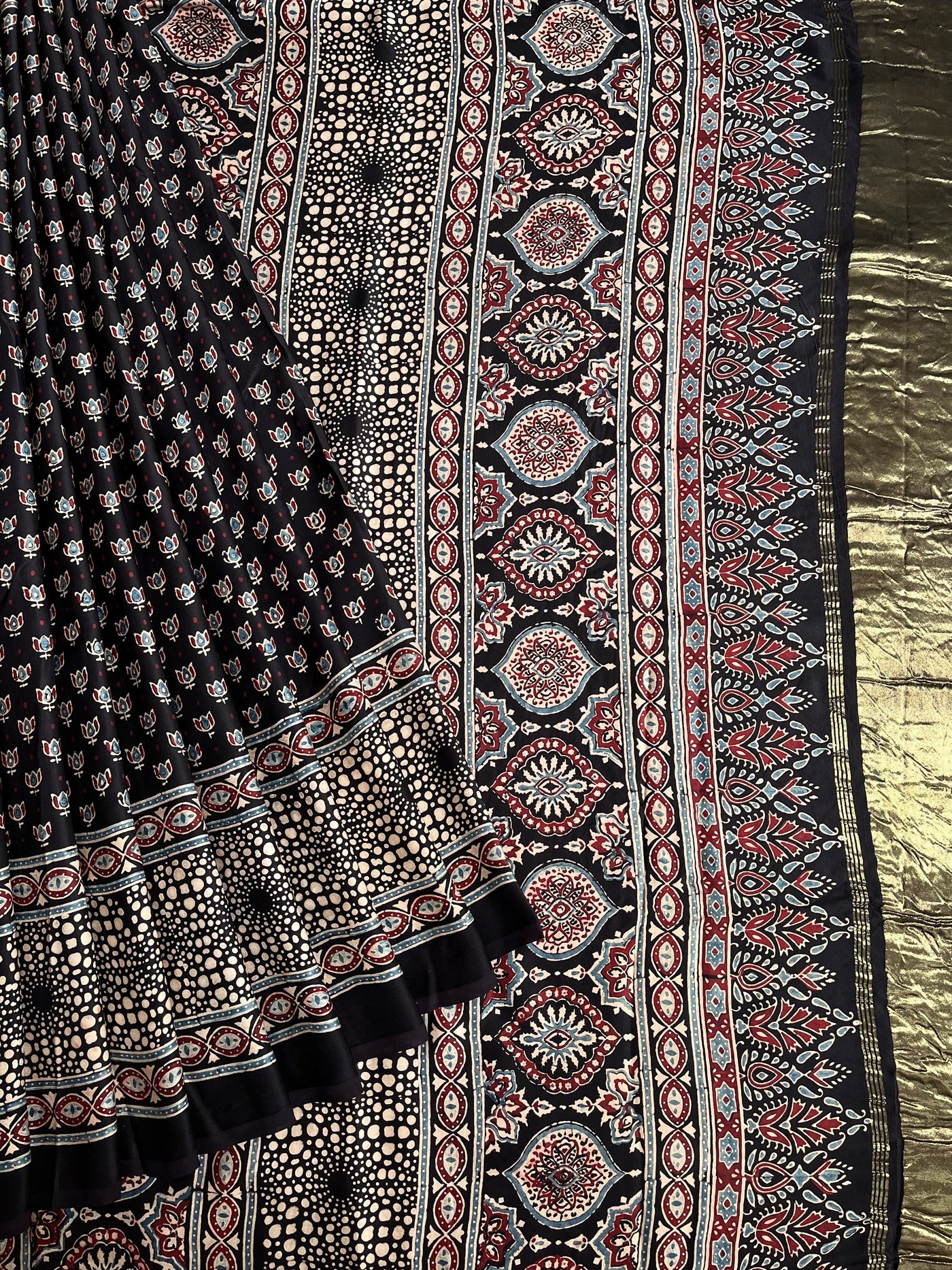 PREETA: Handblock Modal Silk Tissue Ajrakh Saree