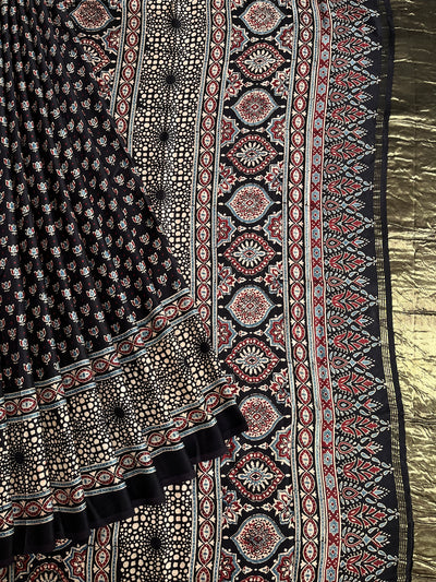 PREETA: Handblock Modal Silk Tissue Ajrakh Saree