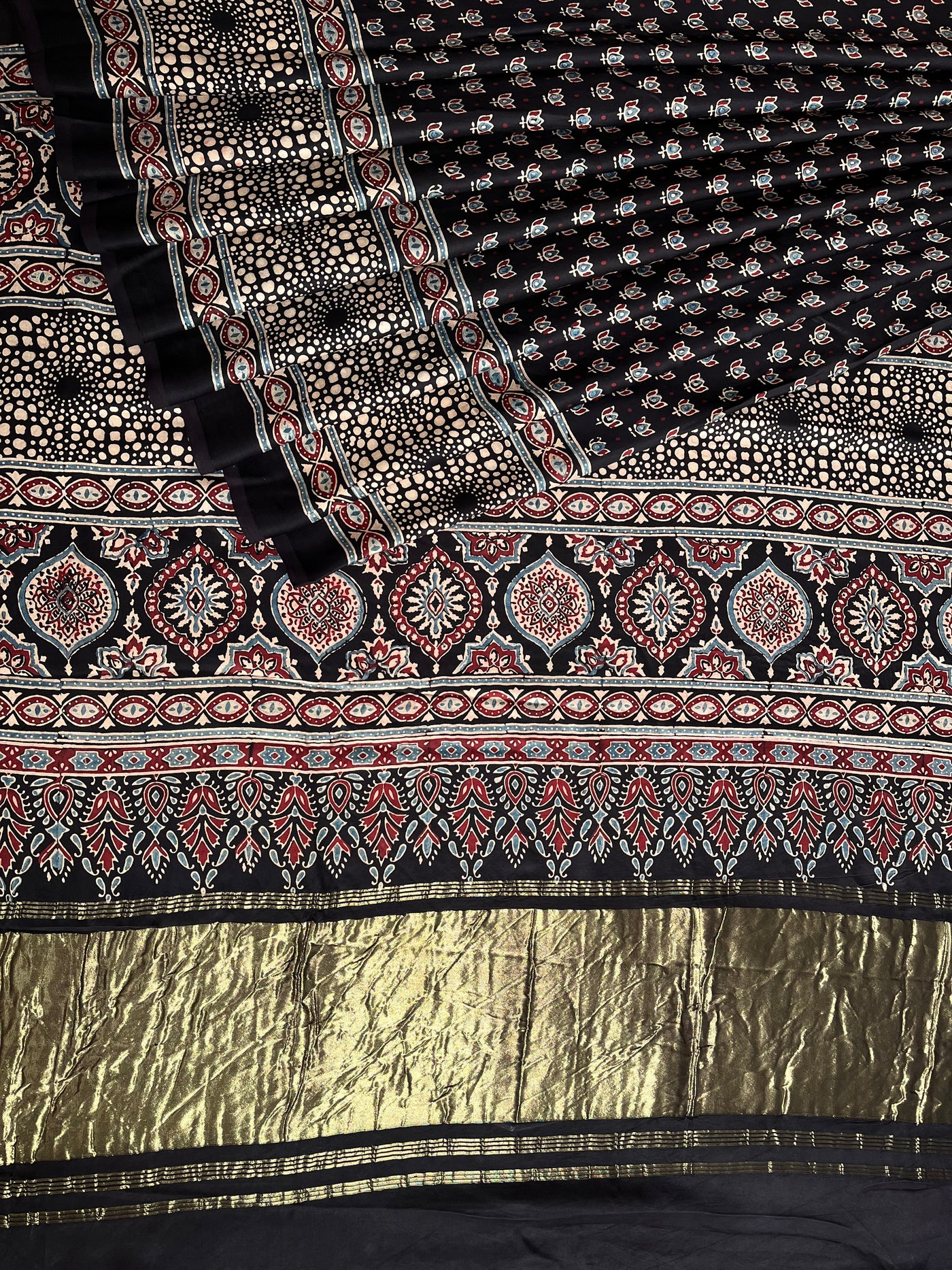 PREETA: Handblock Modal Silk Tissue Ajrakh Saree