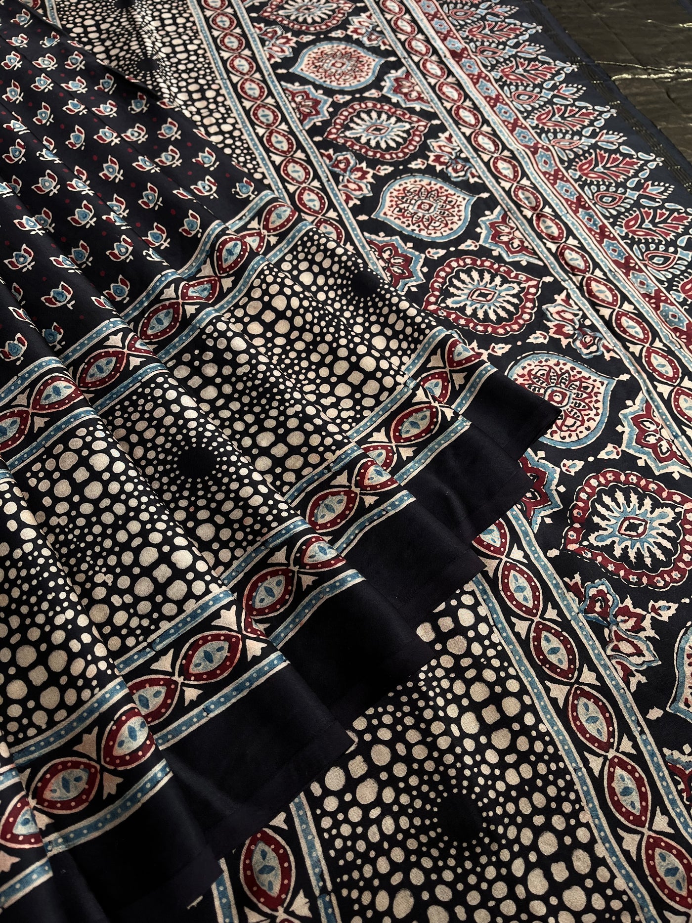 PREETA: Handblock Modal Silk Tissue Ajrakh Saree