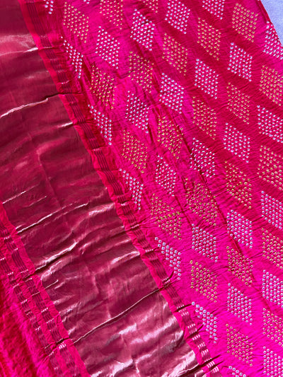 KAVYANJALI: HANDMADE PURE GAJJI SILK RAI DANA BANDHNI SAREE WITH TISSUE PALLU