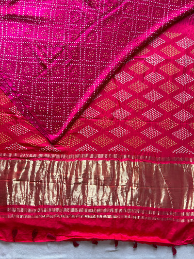 KAVYANJALI: HANDMADE PURE GAJJI SILK RAI DANA BANDHNI SAREE WITH TISSUE PALLU