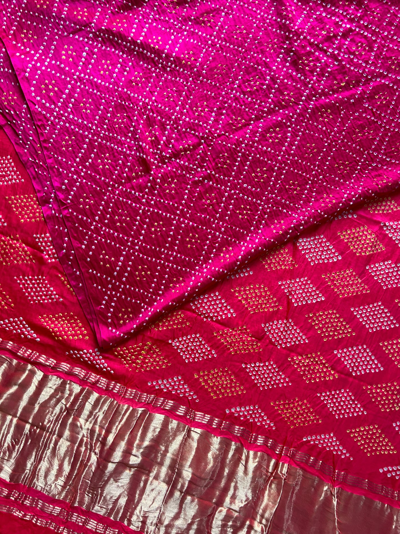 KAVYANJALI: HANDMADE PURE GAJJI SILK RAI DANA BANDHNI SAREE WITH TISSUE PALLU