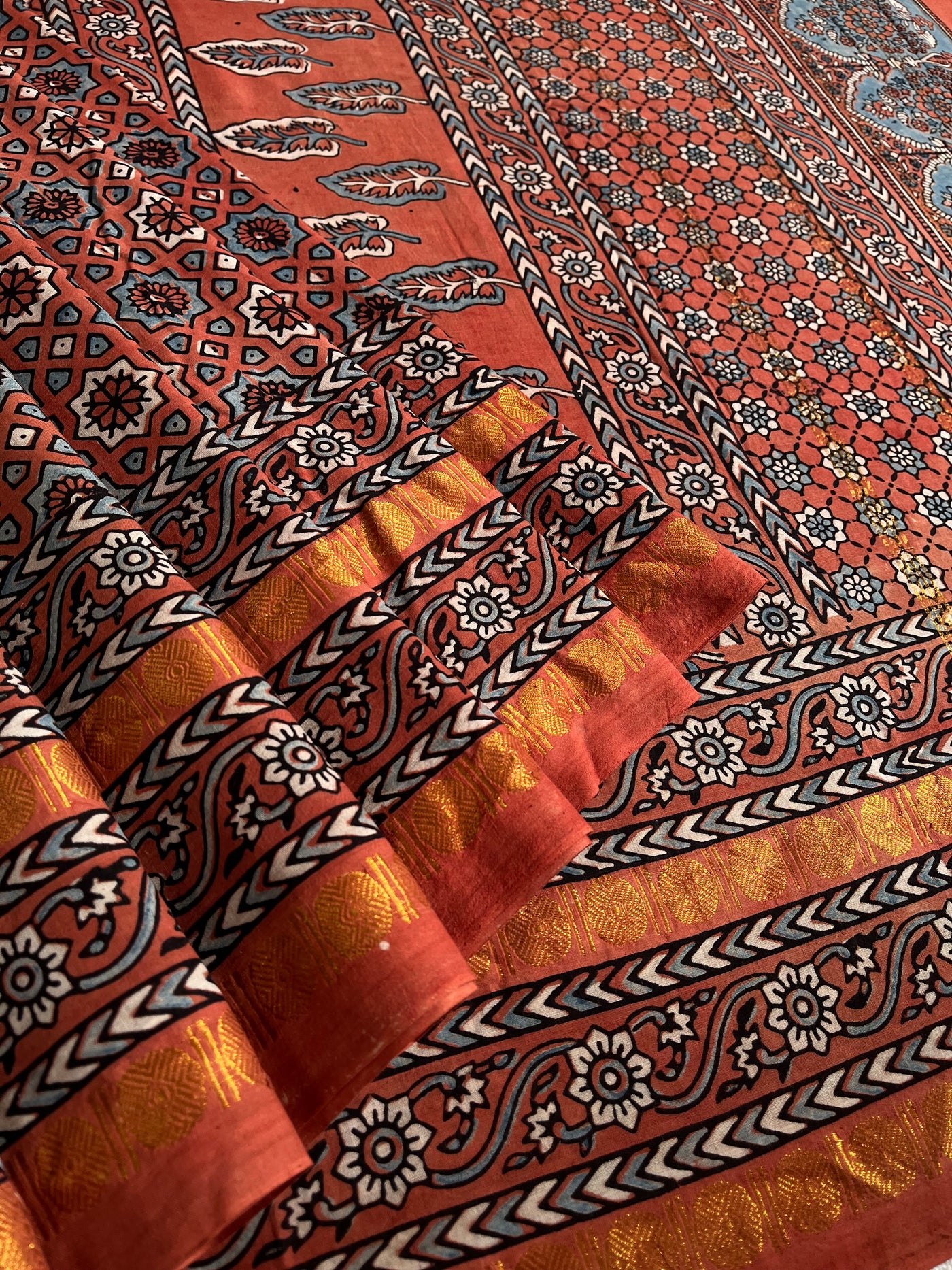 Rozana:Handblock printed ajrakh madurai cotton saree