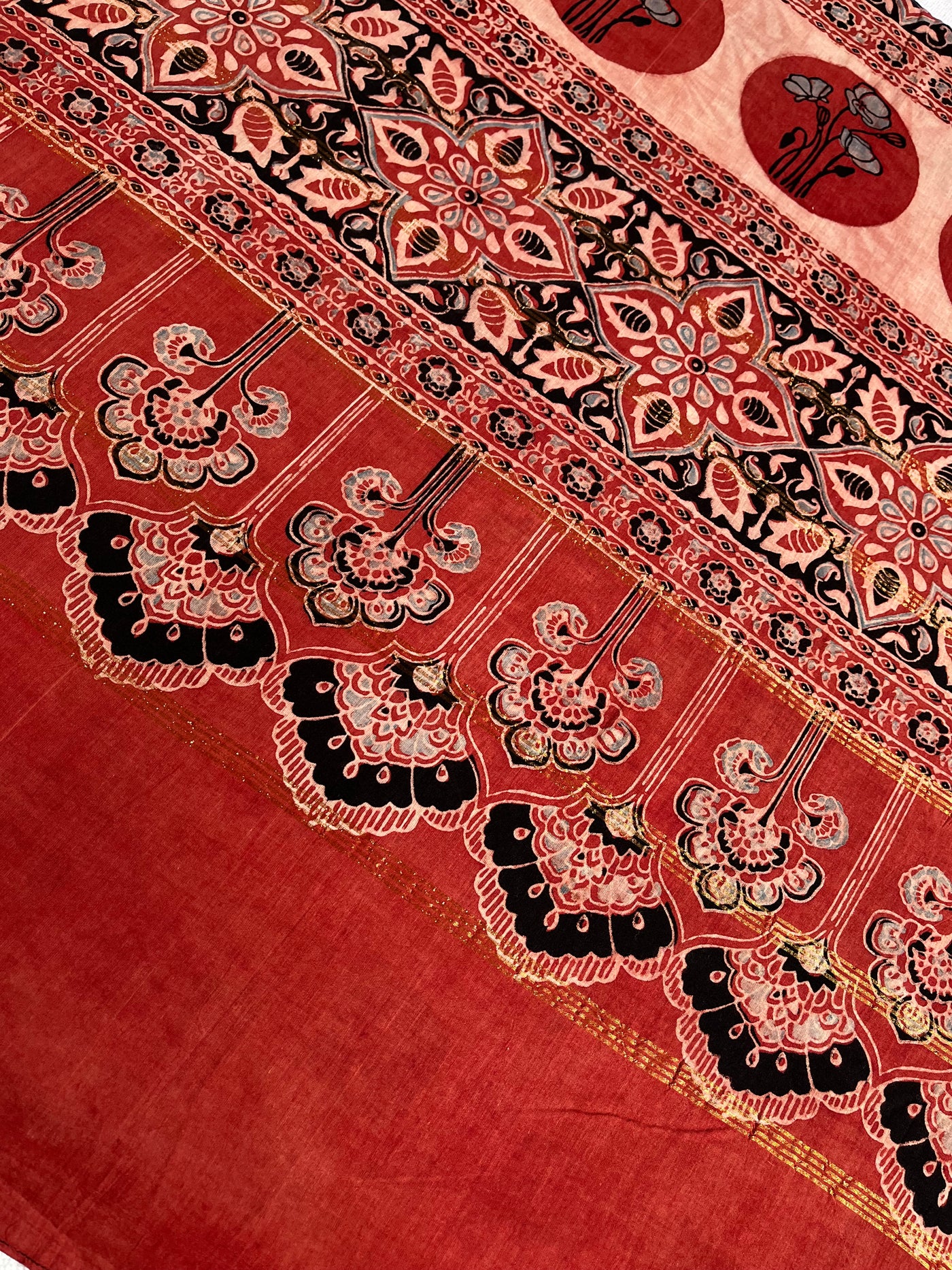 AADHIRA: Handblock printed ajrakh madurai cotton saree