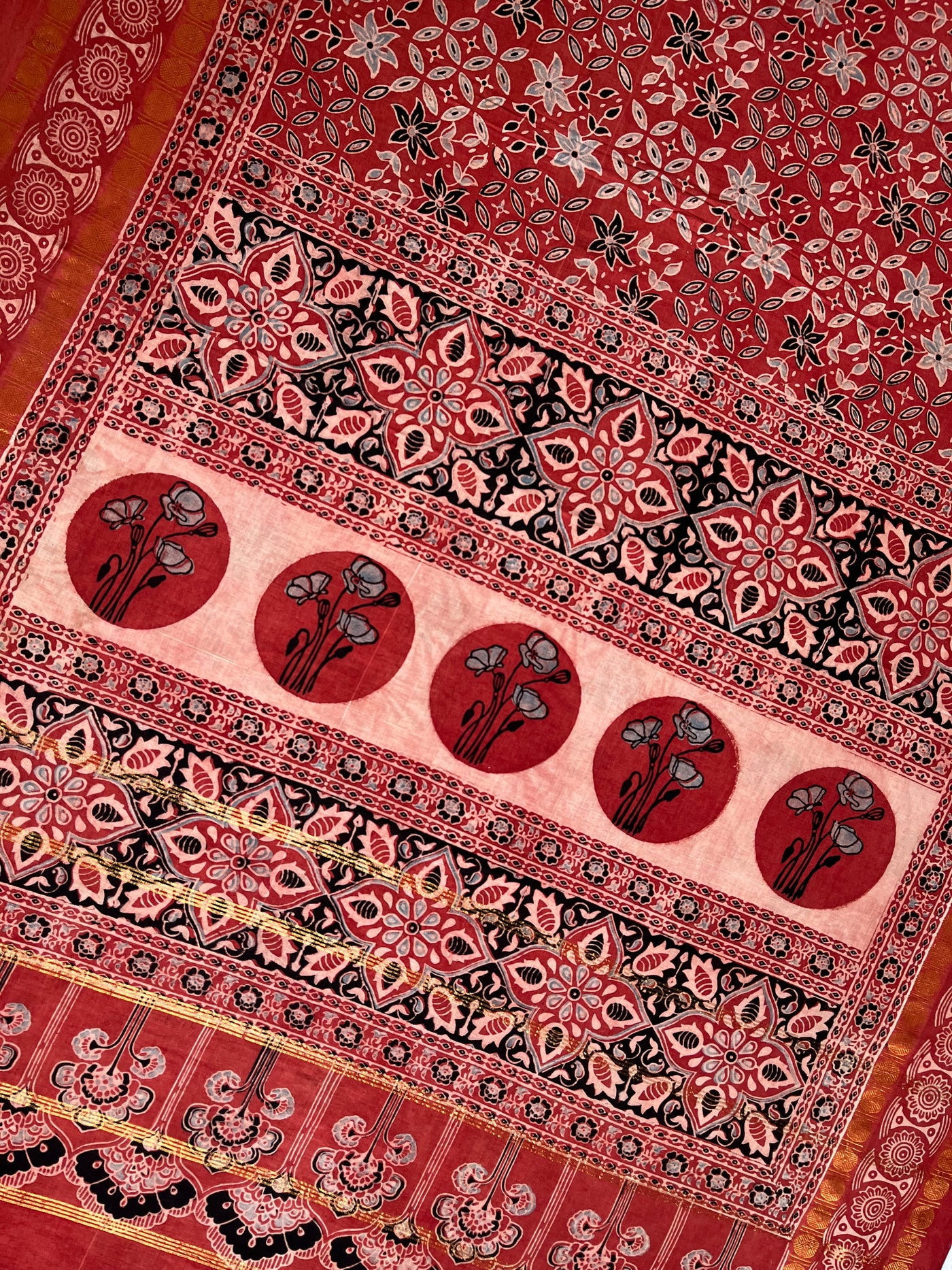 AADHIRA: Handblock printed ajrakh madurai cotton saree