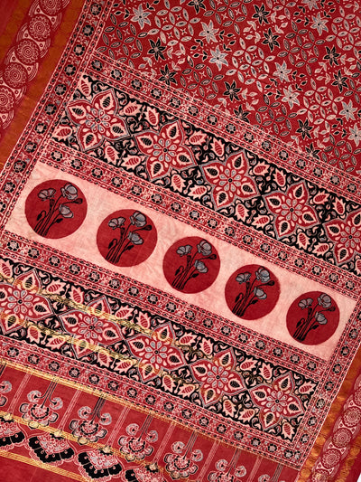 AADHIRA: Handblock printed ajrakh madurai cotton saree
