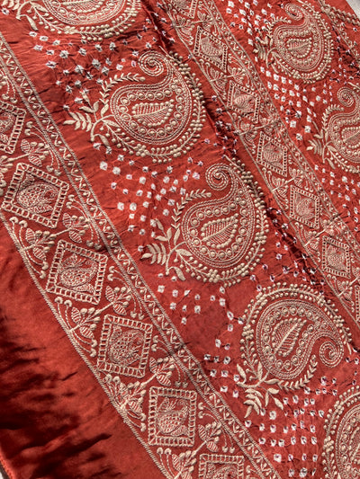 NARMADA : Handmade Bandhni Modal Silk Saree With Thread Embroidery Work.