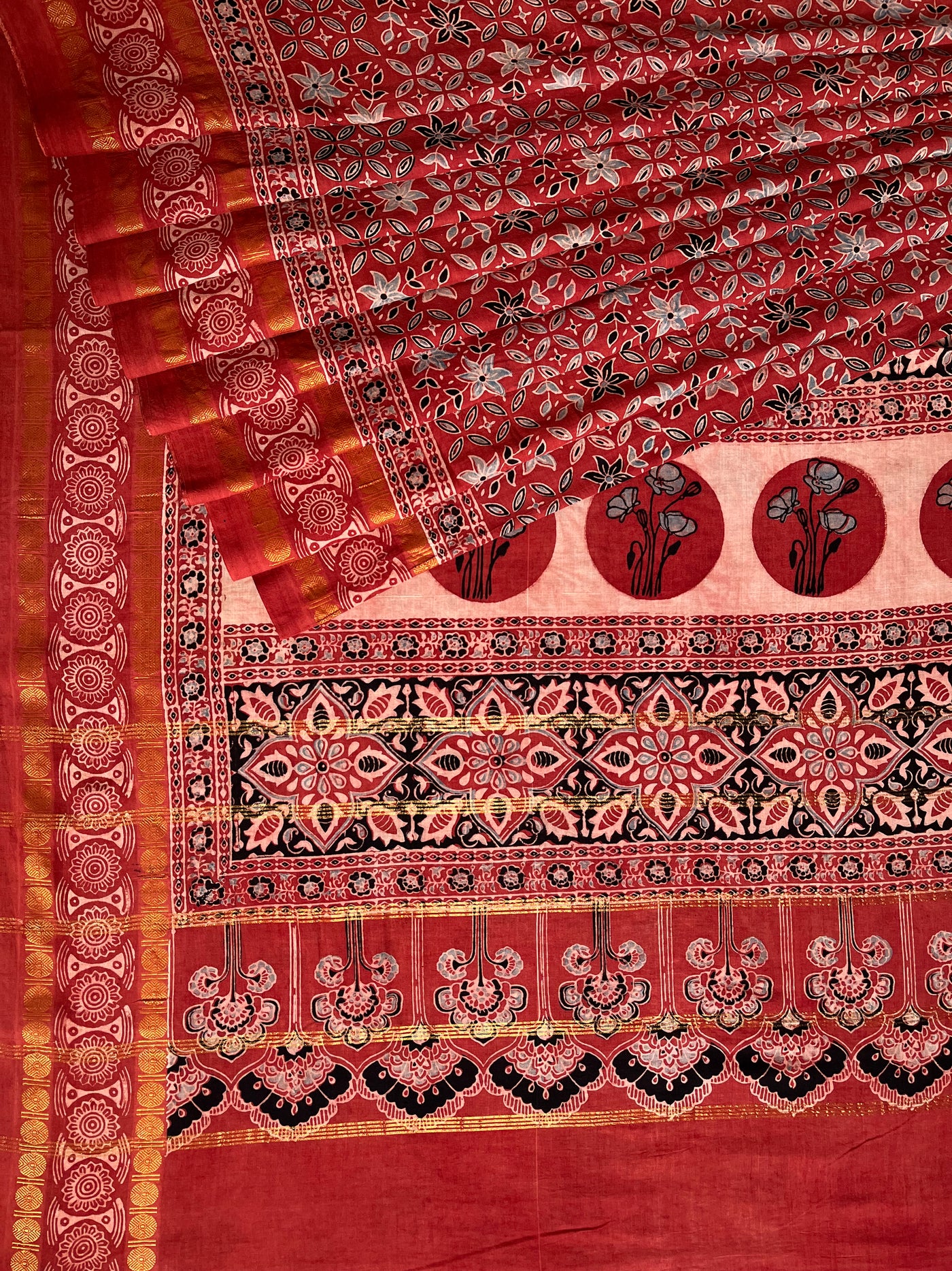 AADHIRA: Handblock printed ajrakh madurai cotton saree
