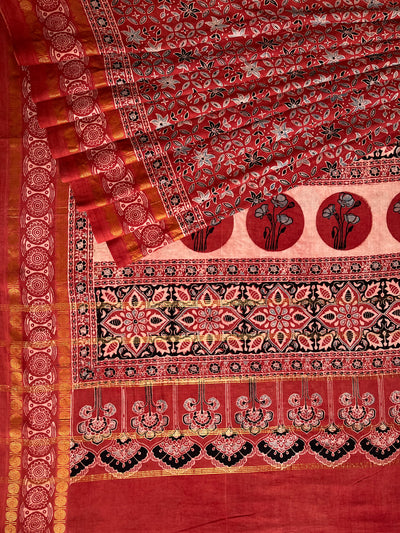 AADHIRA: Handblock printed ajrakh madurai cotton saree
