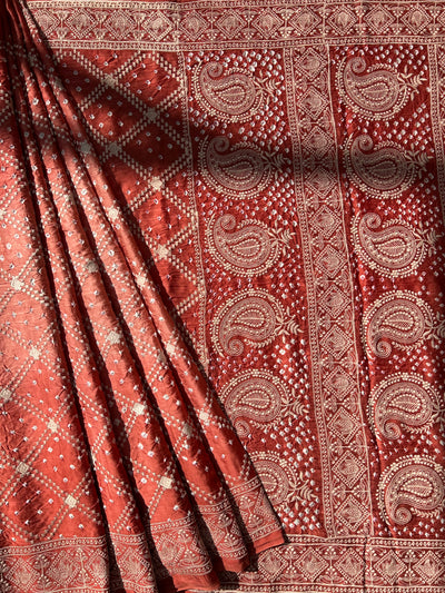 NARMADA : Handmade Bandhni Modal Silk Saree With Thread Embroidery Work.