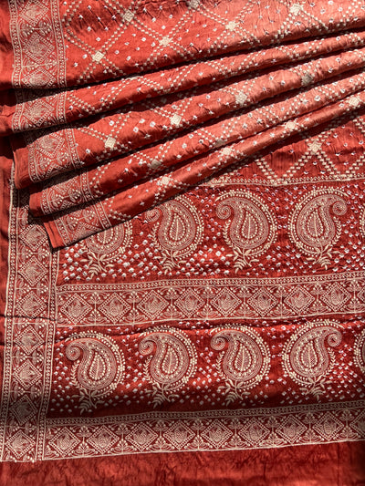 NARMADA : Handmade Bandhni Modal Silk Saree With Thread Embroidery Work.