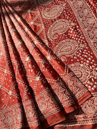 NARMADA : Handmade Bandhni Modal Silk Saree With Thread Embroidery Work.