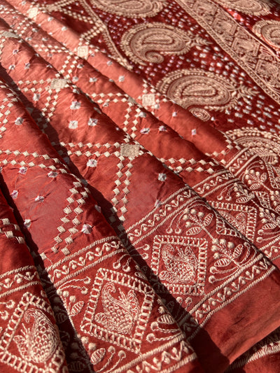 NARMADA : Handmade Bandhni Modal Silk Saree With Thread Embroidery Work.