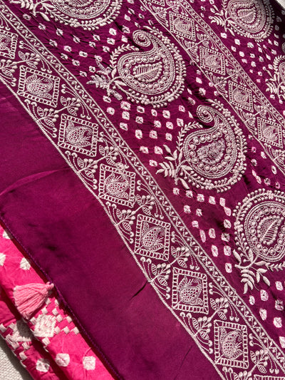 SAANJH : Handmade Bandhni Modal Silk Saree With Thread Embroidery Work