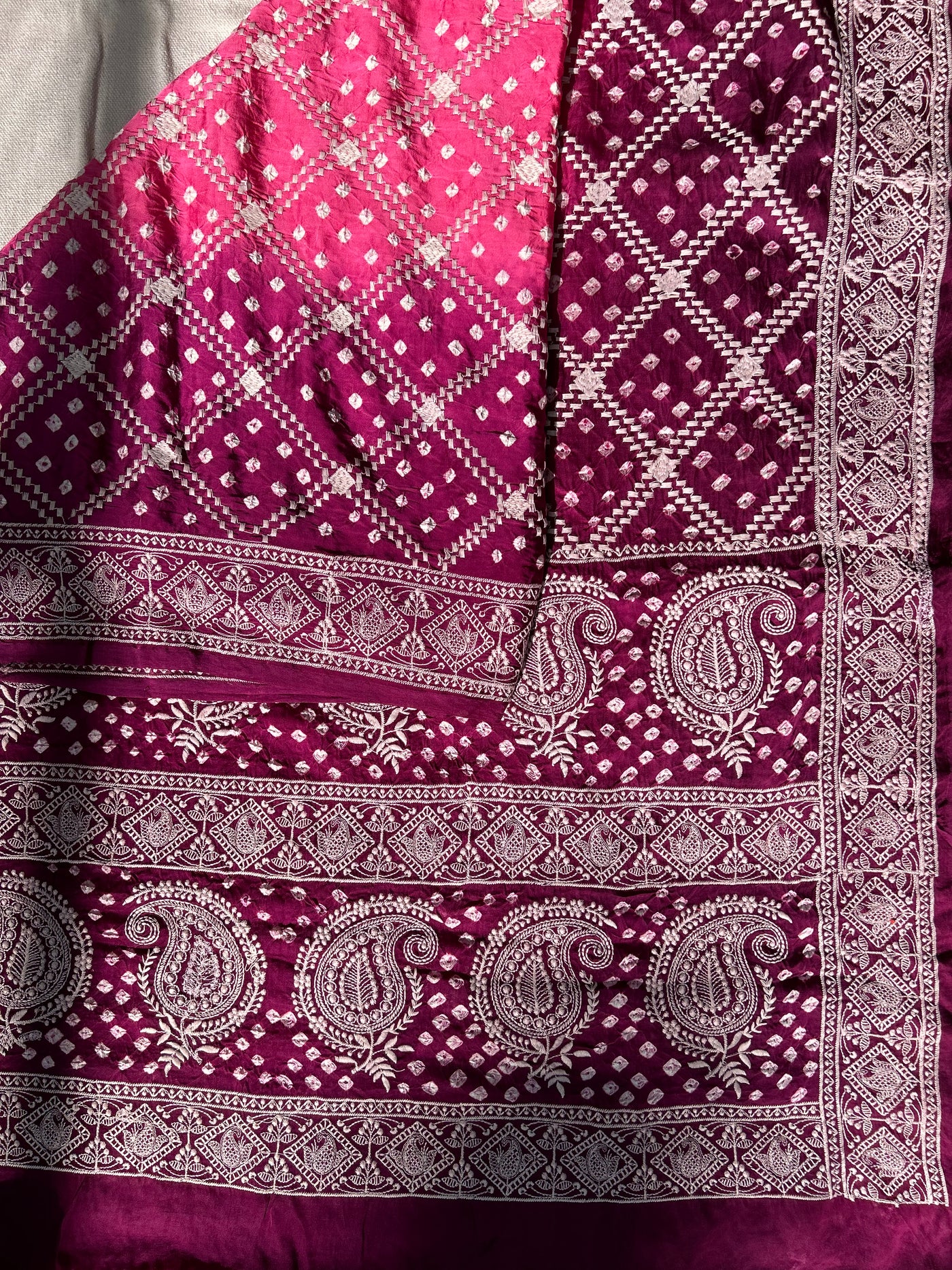 SAANJH : Handmade Bandhni Modal Silk Saree With Thread Embroidery Work