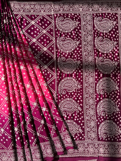 SAANJH : Handmade Bandhni Modal Silk Saree With Thread Embroidery Work