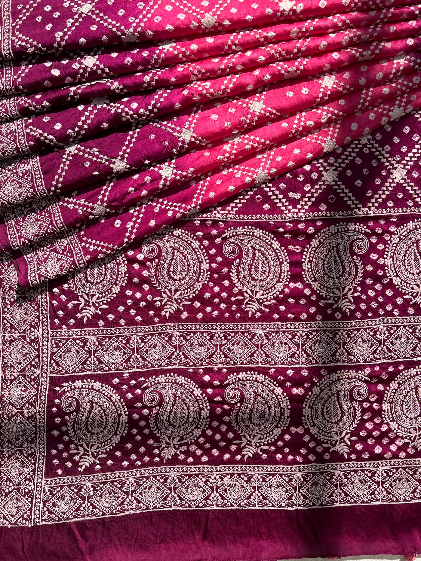 SAANJH : Handmade Bandhni Modal Silk Saree With Thread Embroidery Work