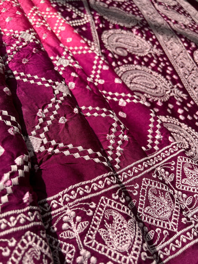 SAANJH : Handmade Bandhni Modal Silk Saree With Thread Embroidery Work