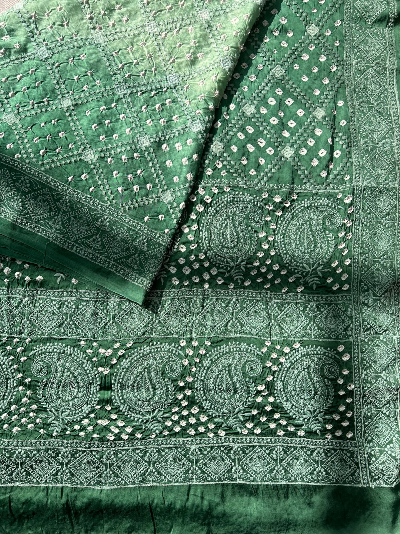 CHANDINI : Handmade Bandhni Modal Silk Saree With Thread Embroidery Work