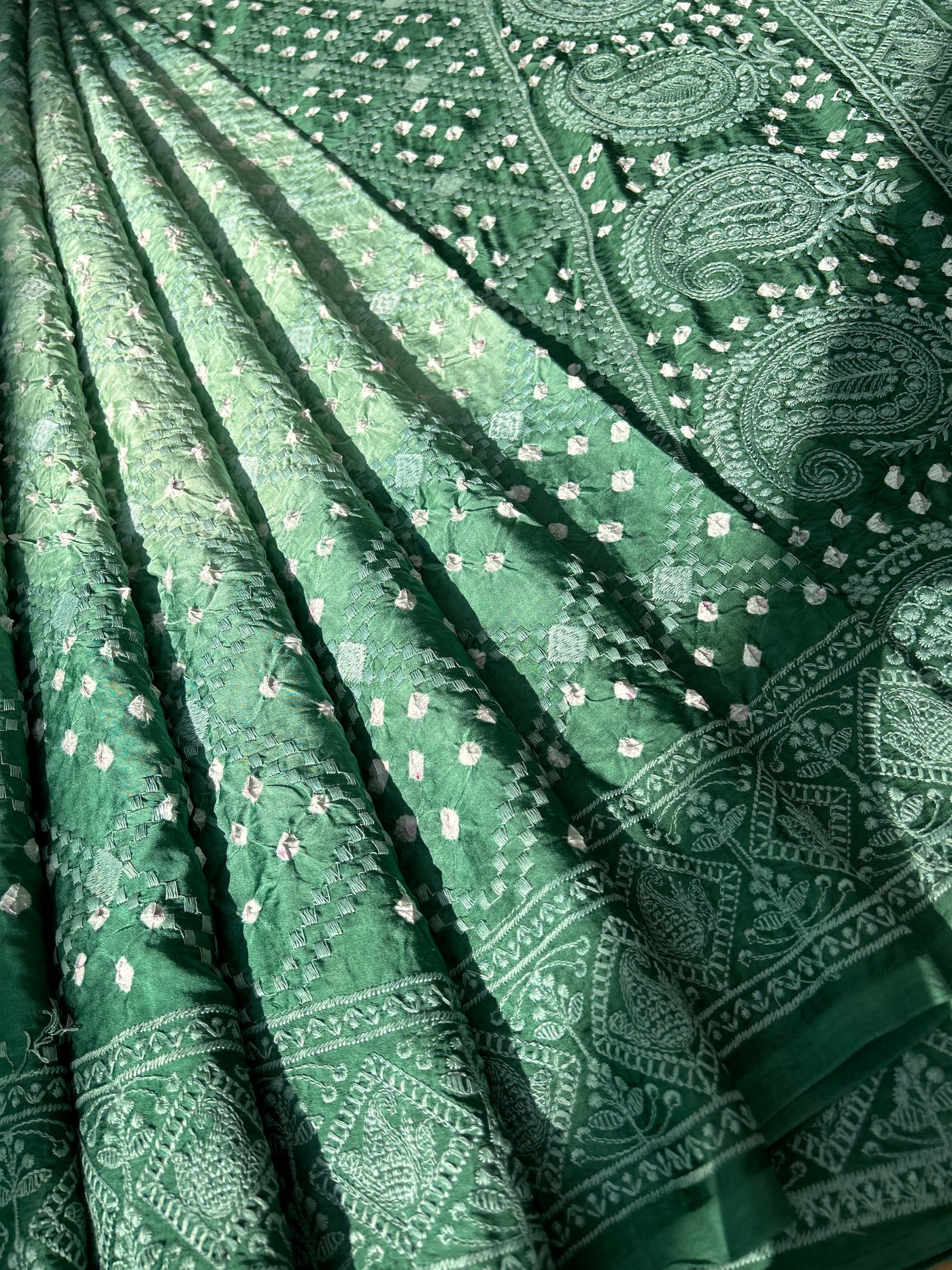 CHANDINI : Handmade Bandhni Modal Silk Saree With Thread Embroidery Work