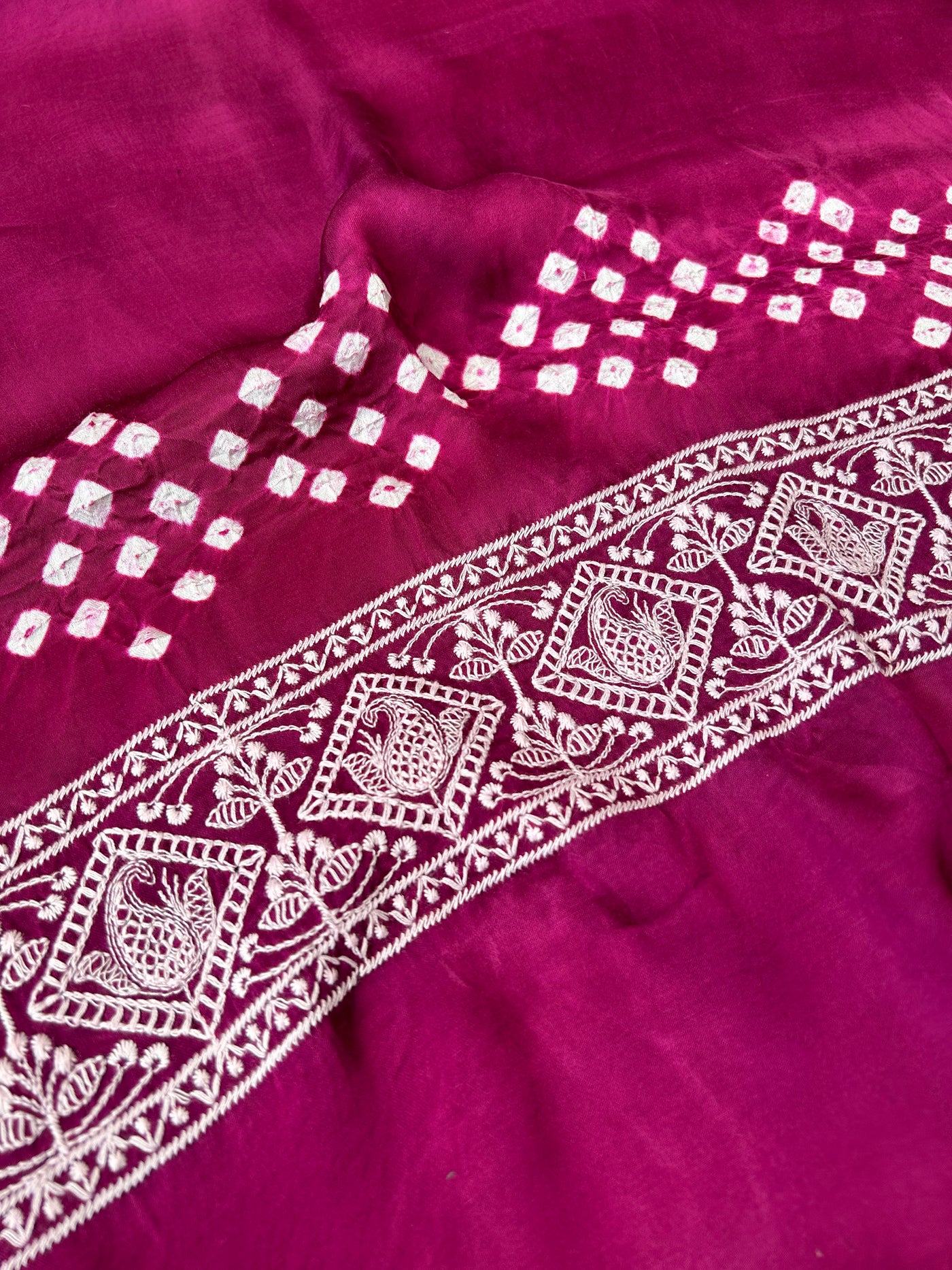 SAANJH : Handmade Bandhni Modal Silk Saree With Thread Embroidery Work