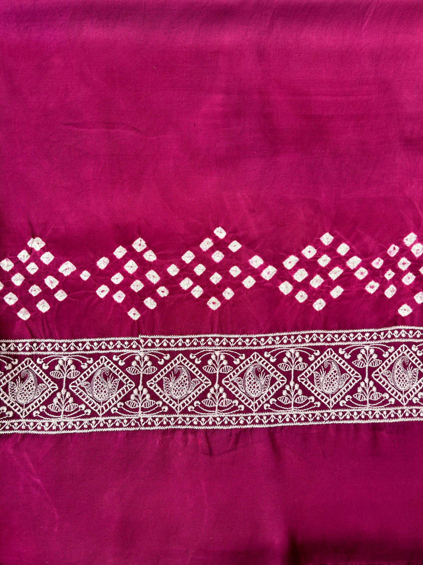 SAANJH : Handmade Bandhni Modal Silk Saree With Thread Embroidery Work