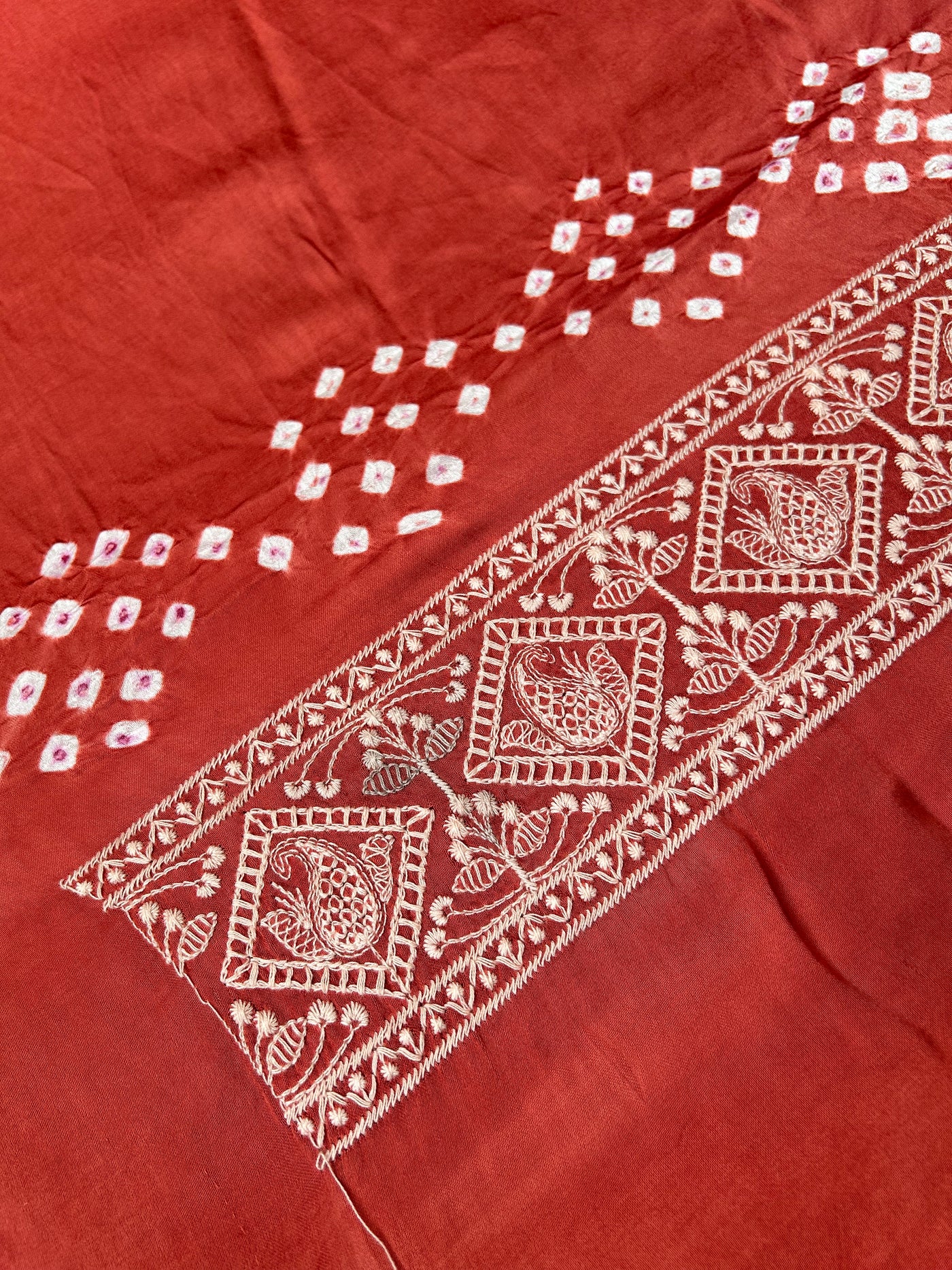 NARMADA : Handmade Bandhni Modal Silk Saree With Thread Embroidery Work.