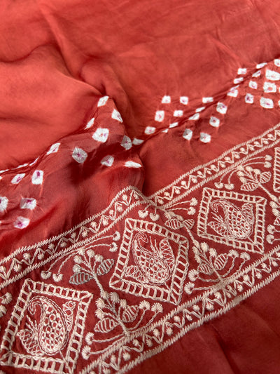 NARMADA : Handmade Bandhni Modal Silk Saree With Thread Embroidery Work.