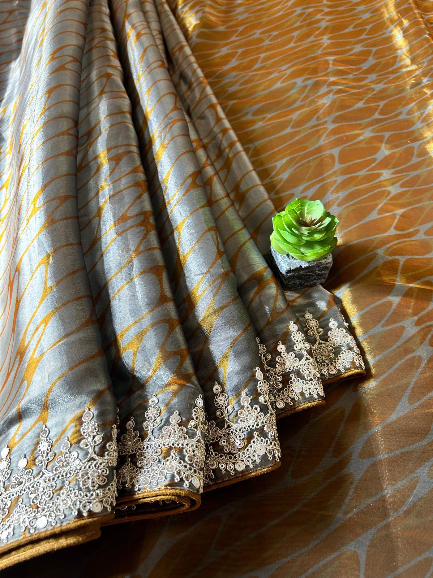 NAYAN: PARTYWEAR DIGITAL PRINTED TISSUE ORGANZA SAREE WITH EMBROIDERY.
