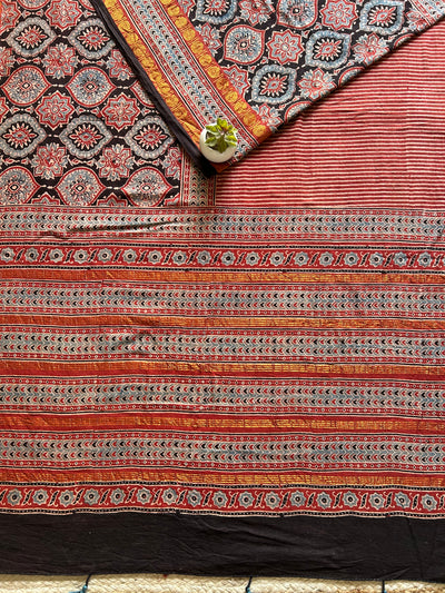 Gul:Handblock printed ajrakh madurai cotton saree