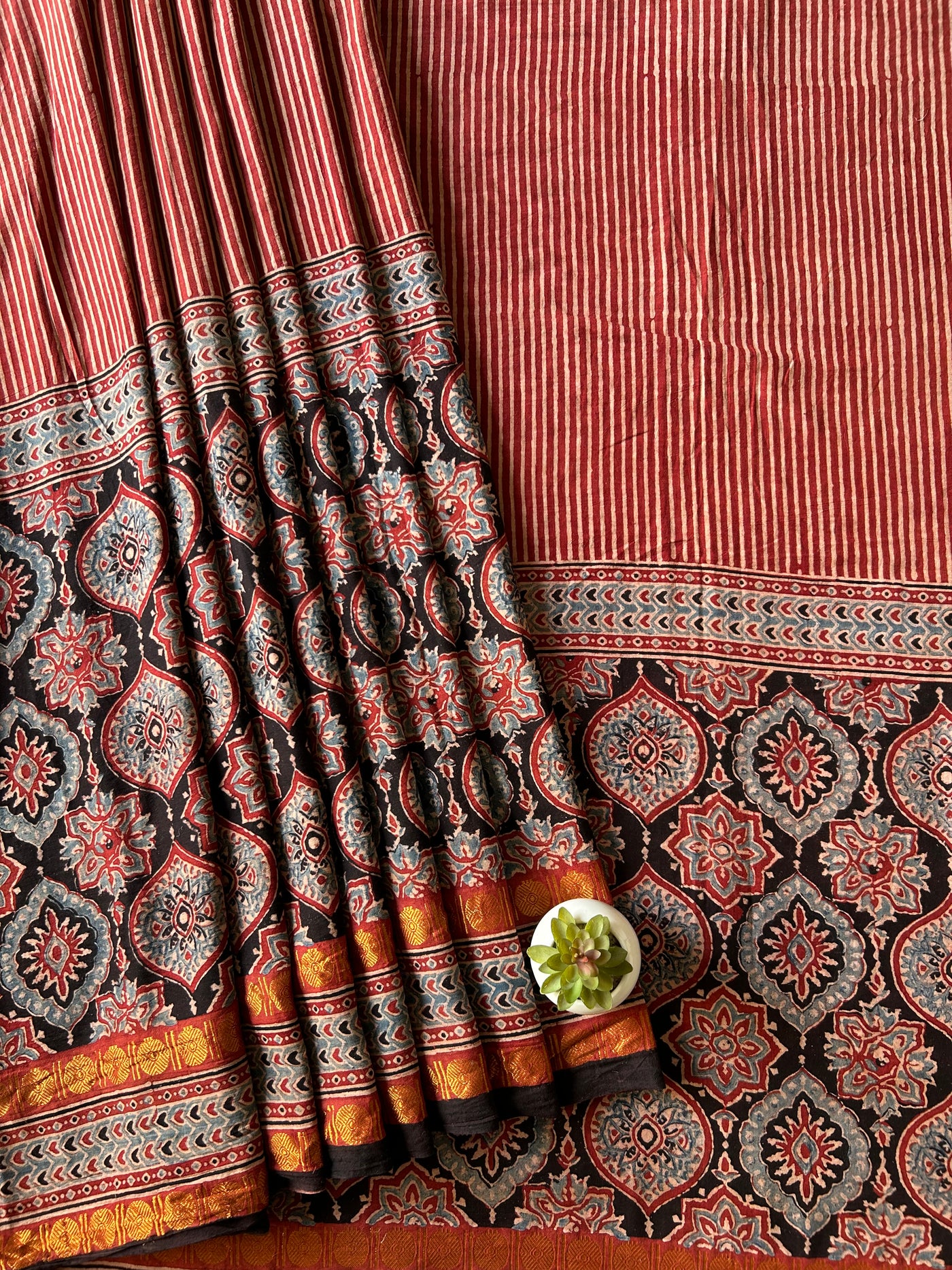 Gul:Handblock printed ajrakh madurai cotton saree