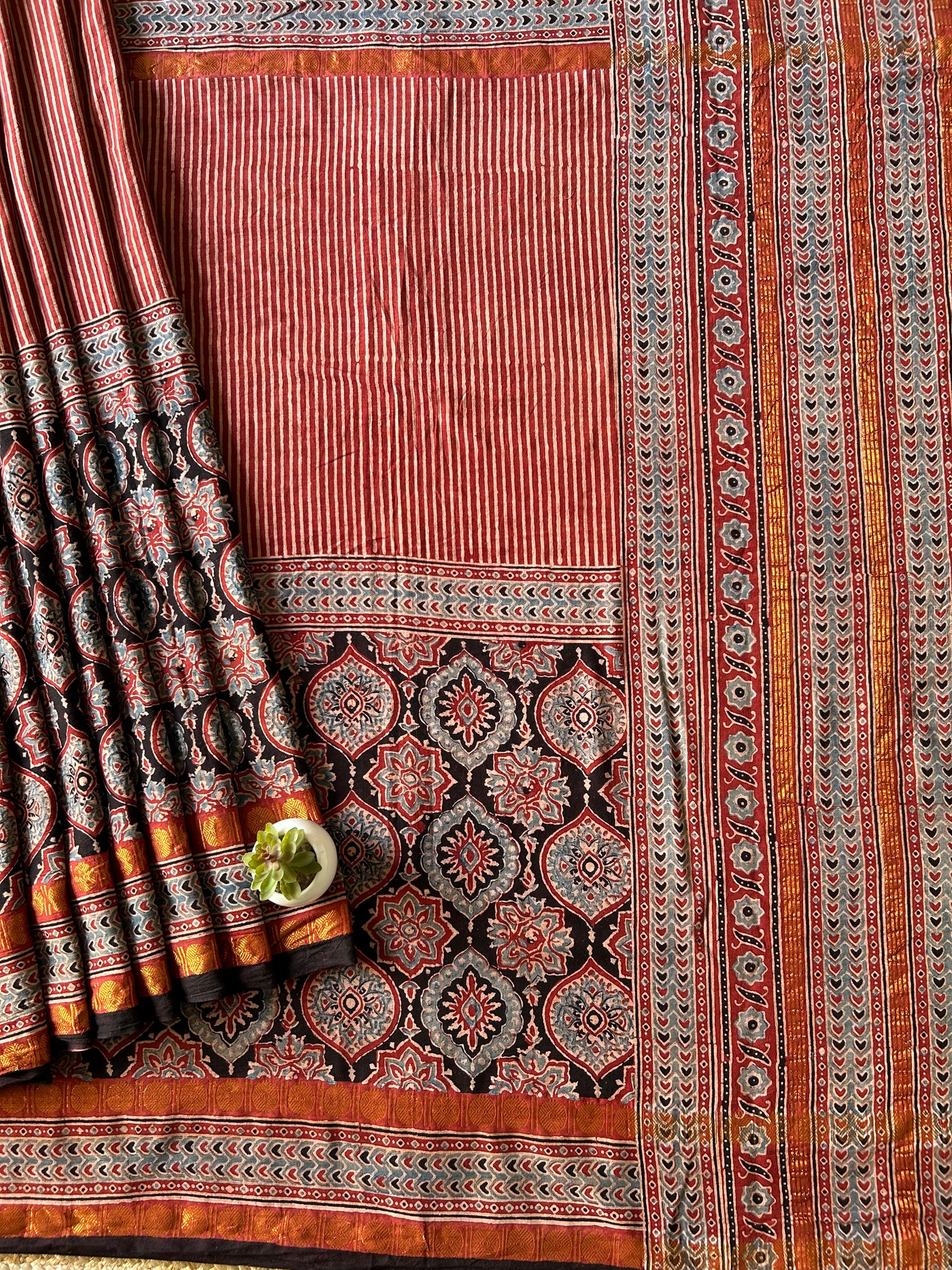 Gul:Handblock printed ajrakh madurai cotton saree