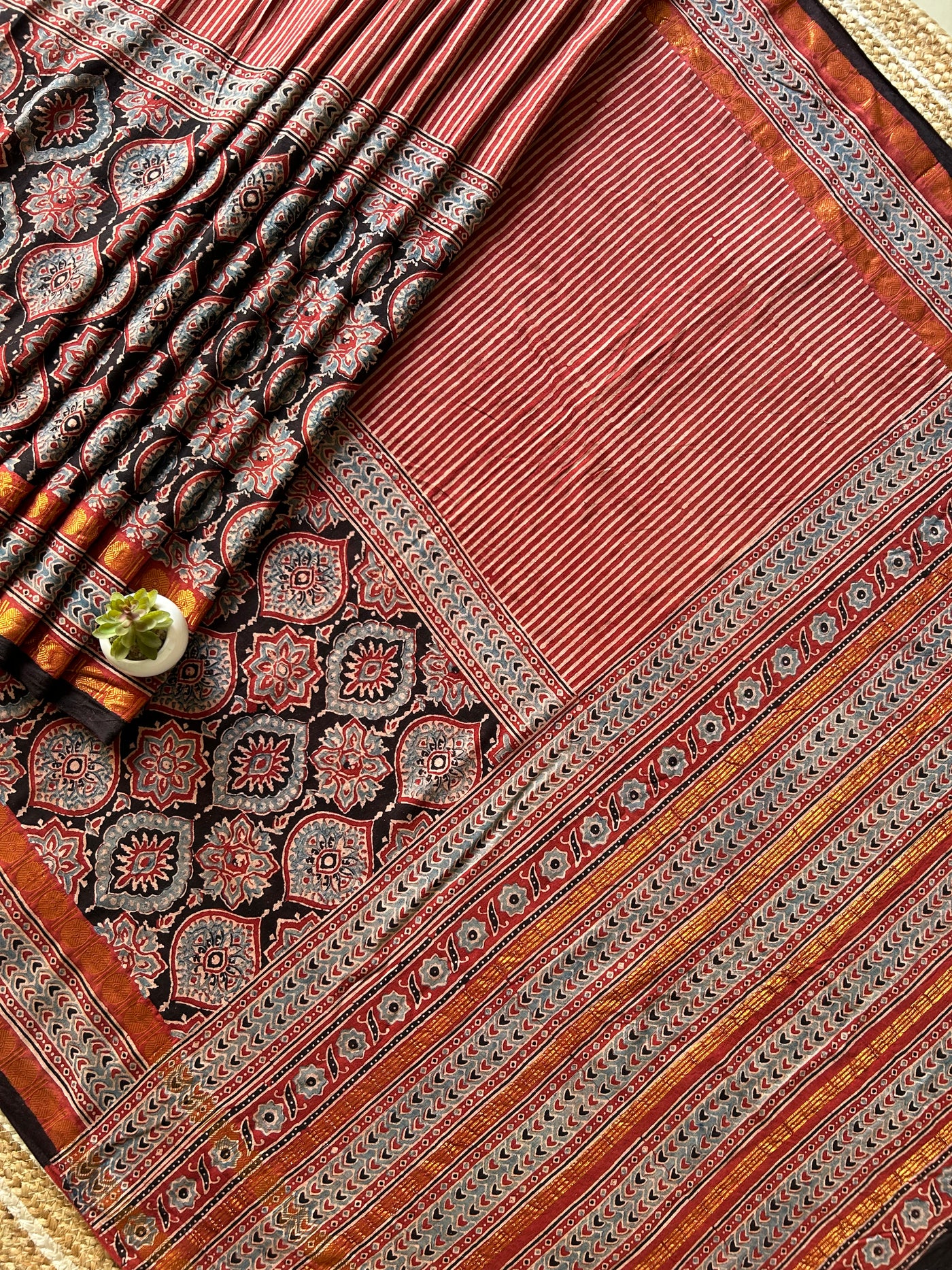 Gul:Handblock printed ajrakh madurai cotton saree